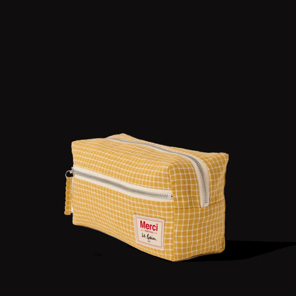 200 LINTEX Trousse de toilette en lin lavé - Carreaux Jaune Asahi