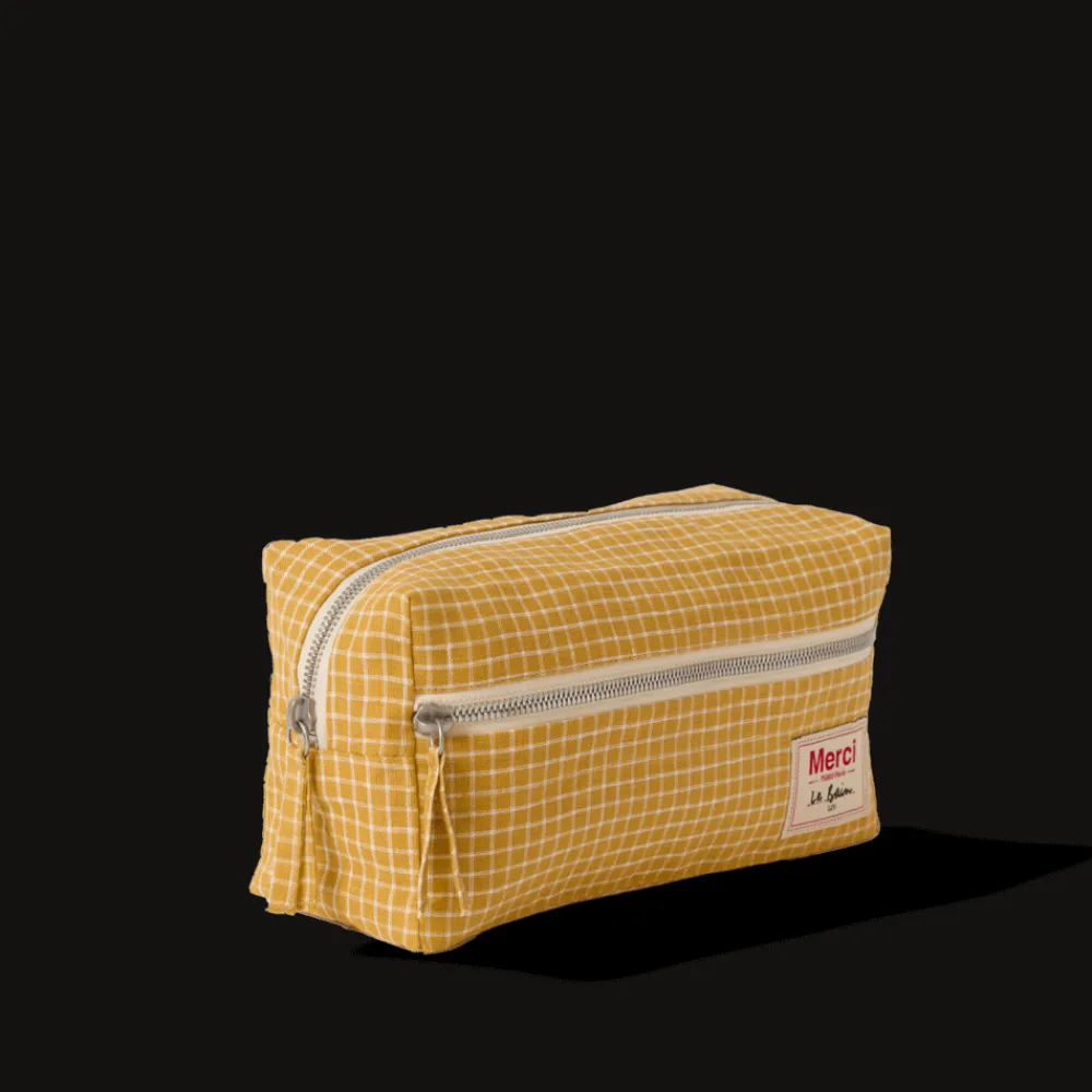 200 LINTEX Trousse de toilette en lin lavé - Carreaux Jaune Asahi
