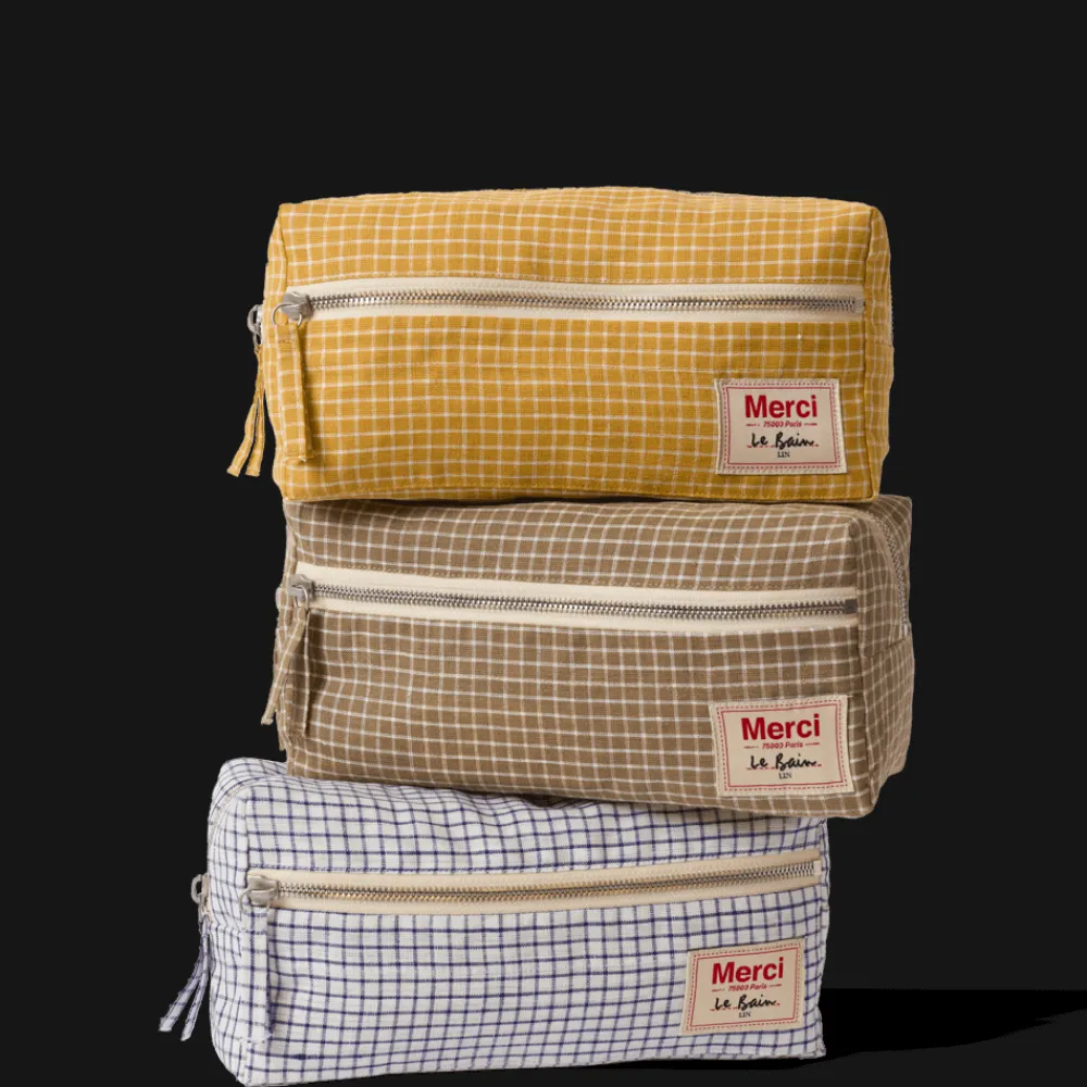 200 LINTEX Trousse de toilette en lin lavé - Carreaux Jaune Asahi